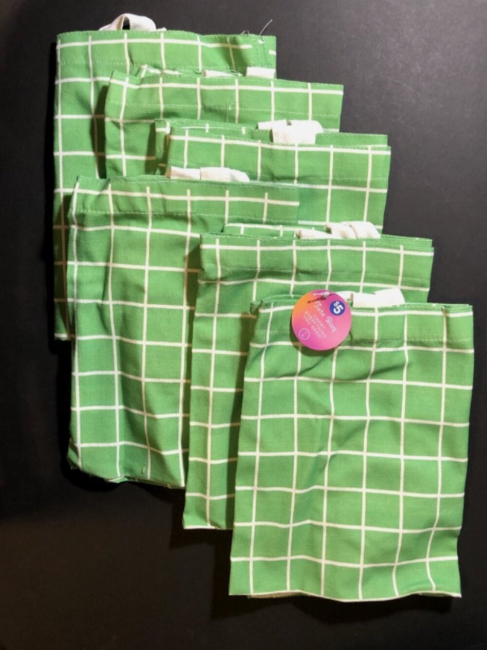Lot of 6 Open Top Fabric Tote Bags in Green and White Windowpane Check, 11x16